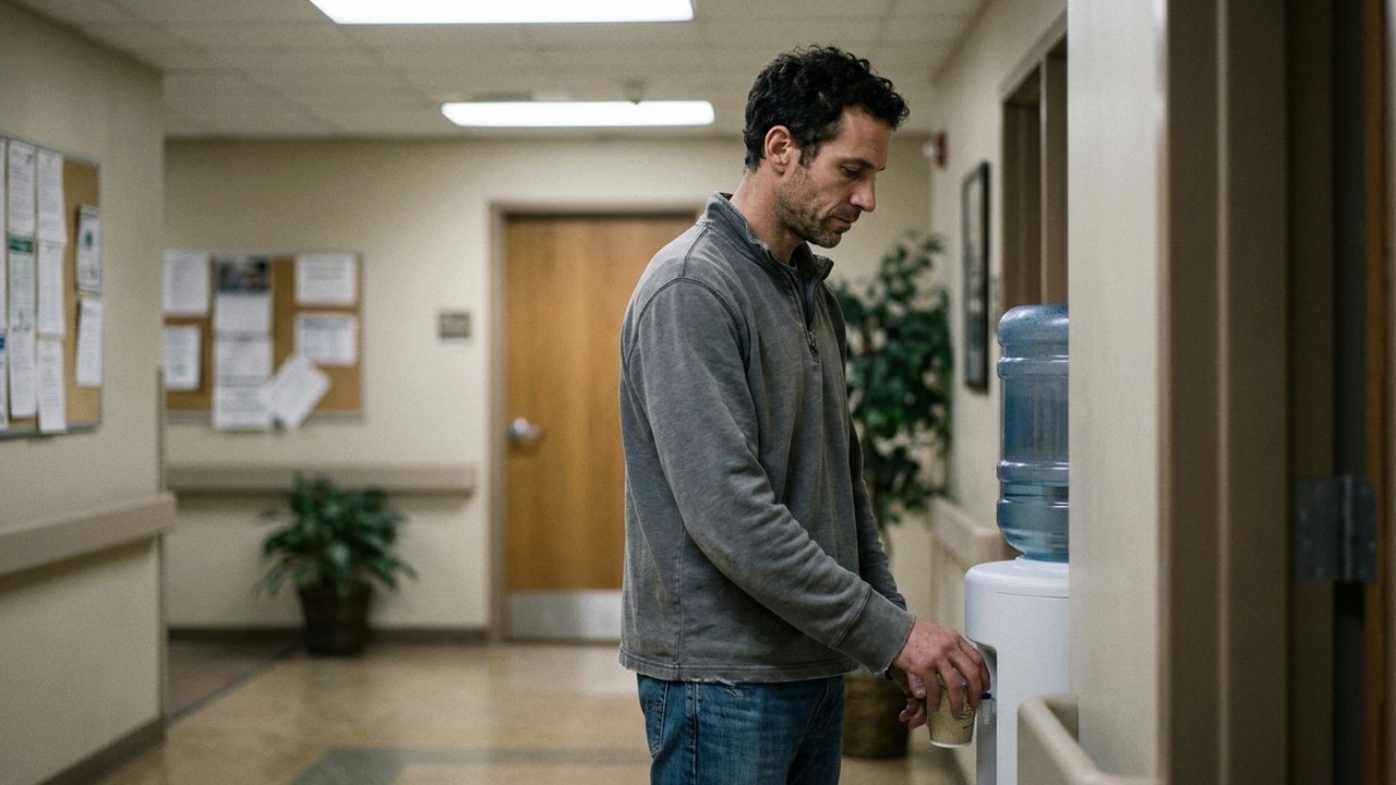 Man in gray quarter-zip filling paper cup in hospital hallway