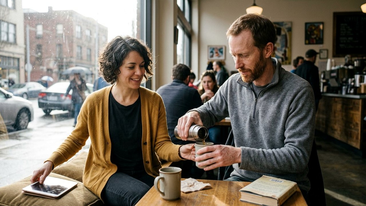 Two friends sharing tea at a sunny café window seat