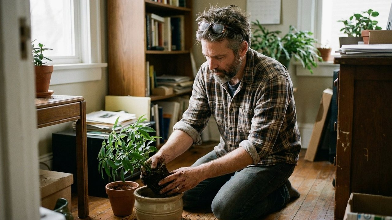 Bearded man repotting a plant in a home office corner