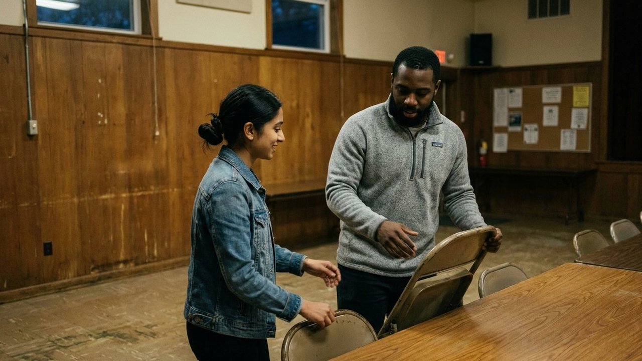 Two friends stacking folding chairs in a wood-paneled community hall