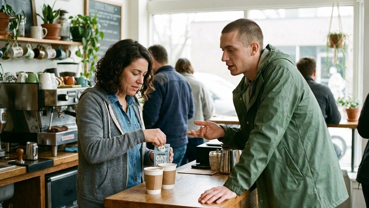 Engineer stirring two coffees beside a younger colleague at a counter