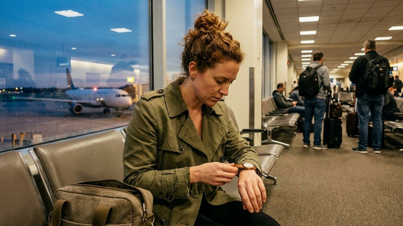 Woman at an airport gate fastening her wristwatch at dusk