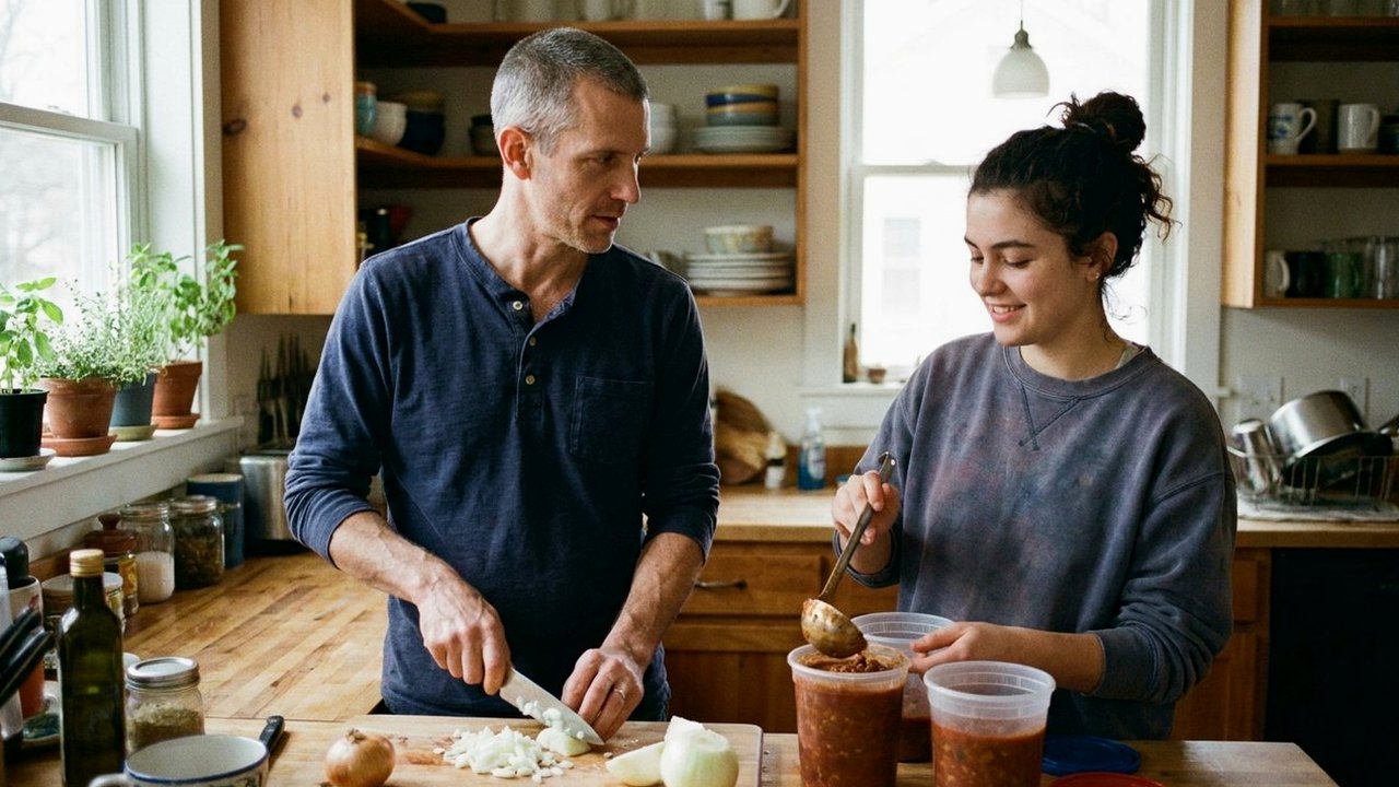 Father and adult daughter cooking chili together in a home kitchen