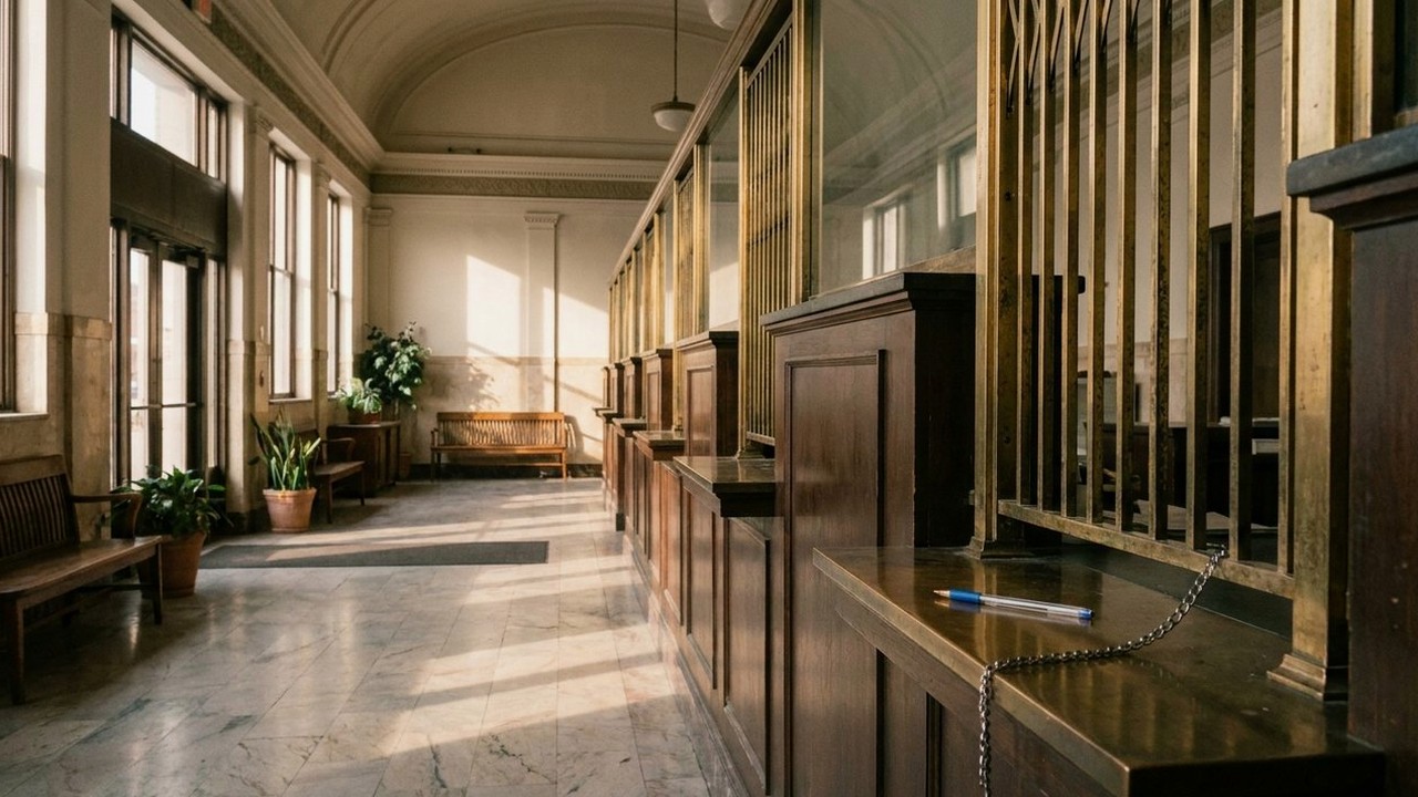 Empty bank lobby with closed teller windows in afternoon light