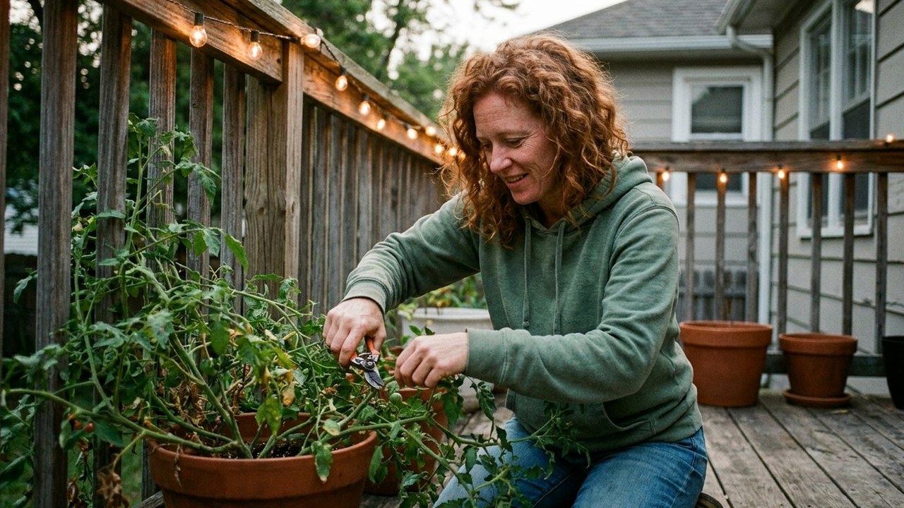 Woman pruning a potted tomato plant on a back porch at dusk