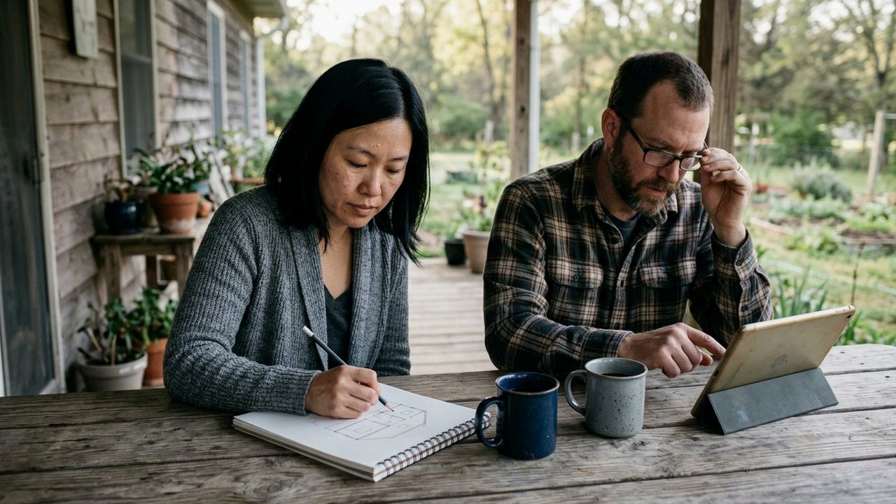 Couple at porch table sketching a floor plan beside a tablet