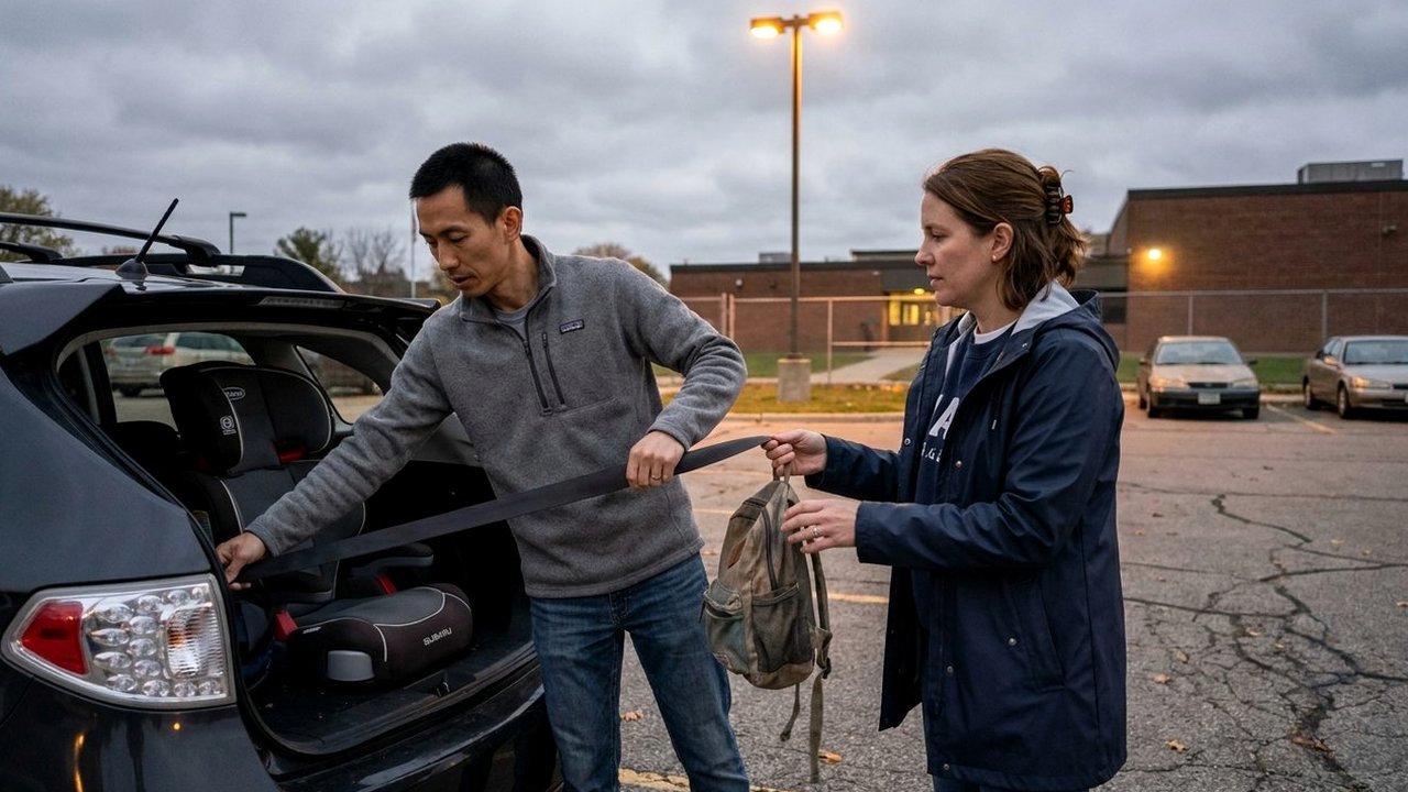 Couple buckling a booster seat in an empty school parking lot