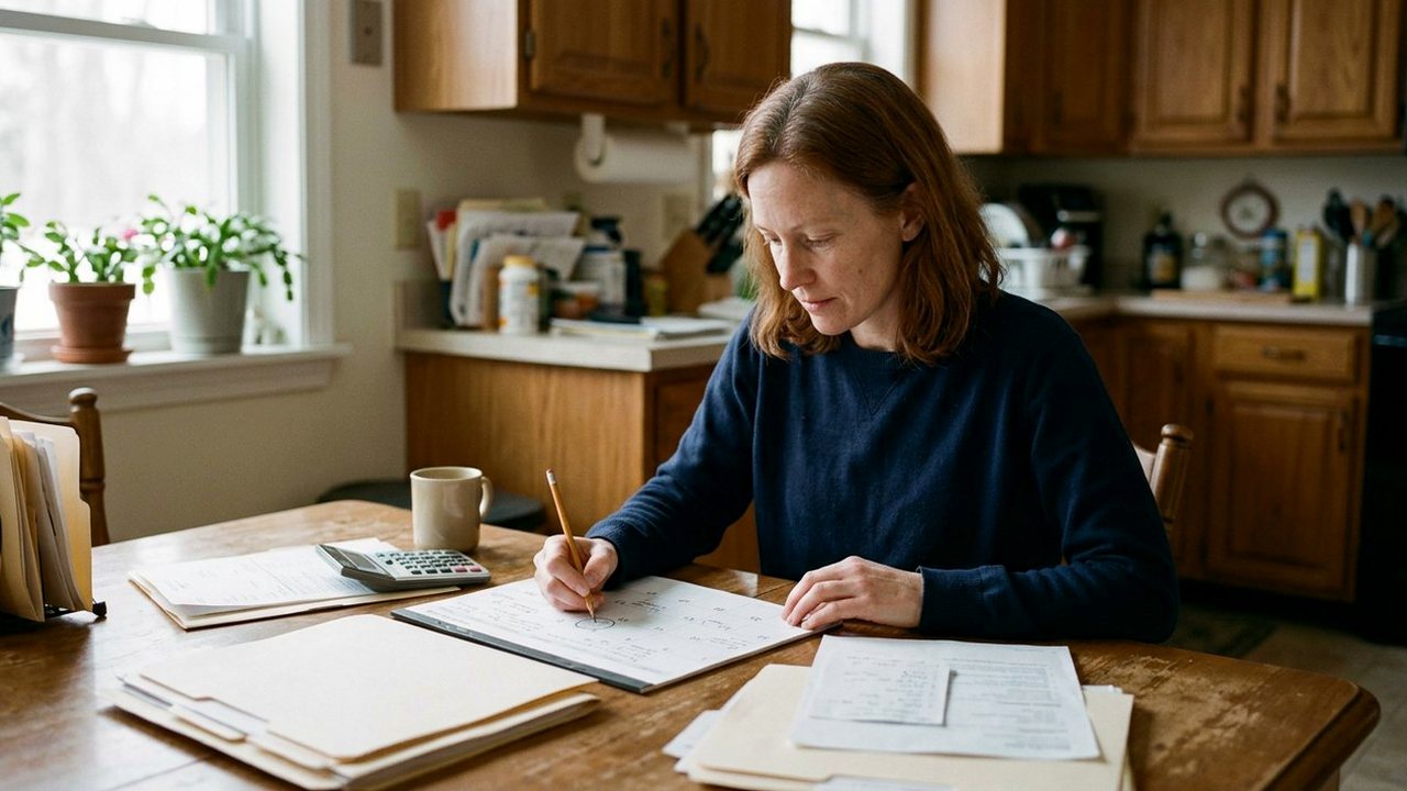 Woman at kitchen table marking a paper calendar beside financial folders
