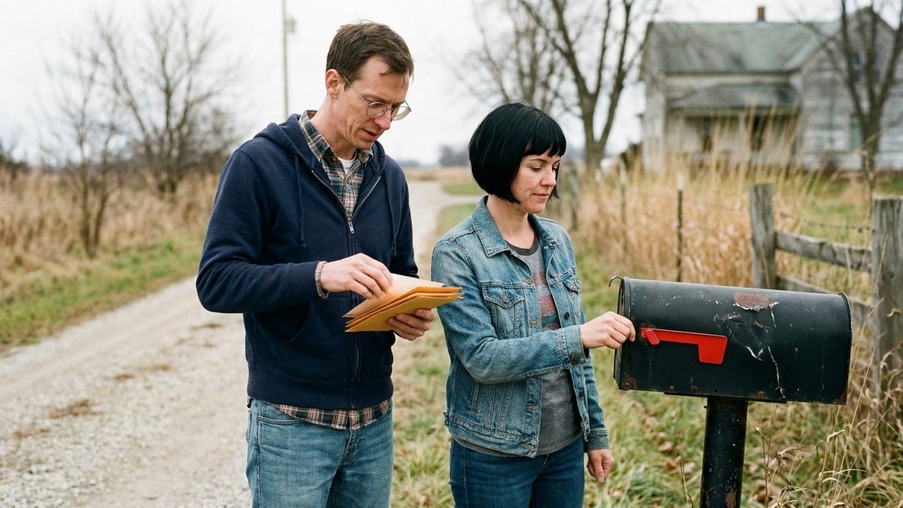 Couple sorting envelopes at a mailbox by a gravel driveway