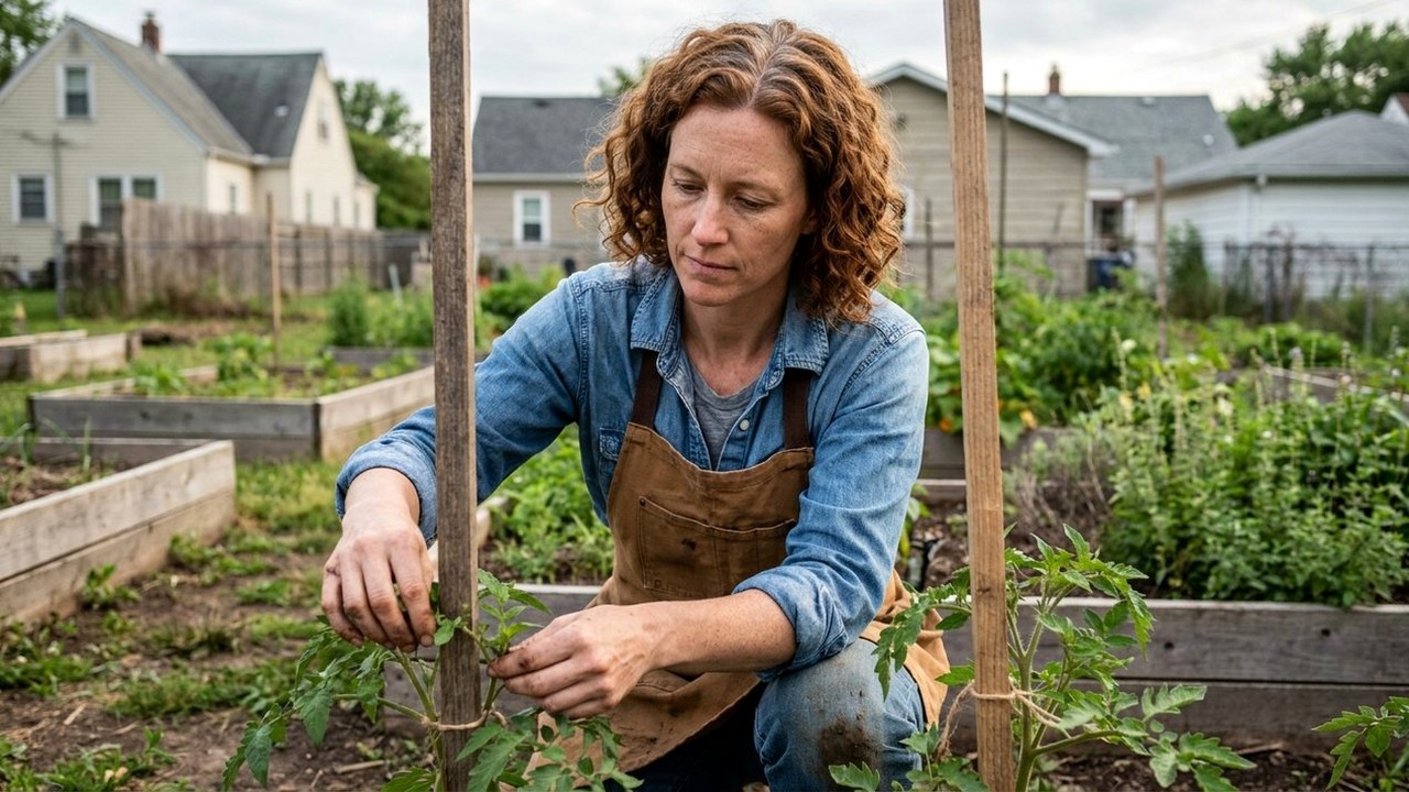 Woman tying young tomato plants to stakes in a community garden