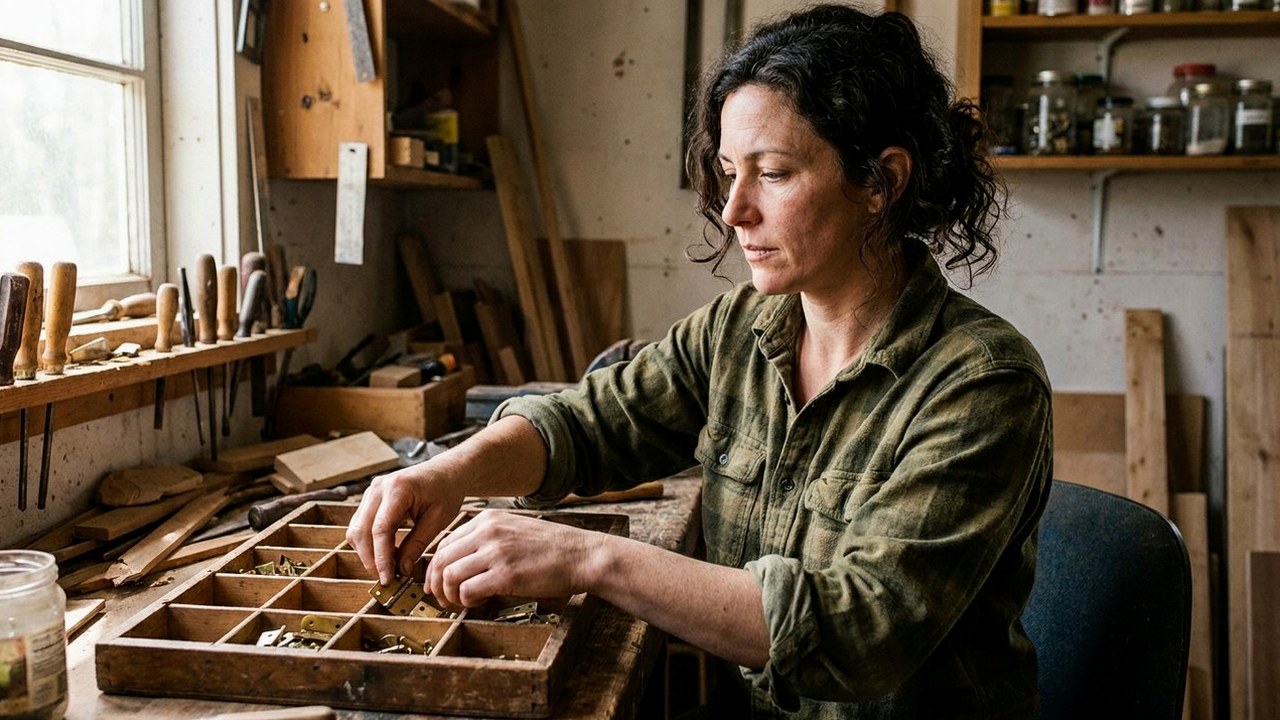 Woman sorting brass hinges into a divided tray in workshop