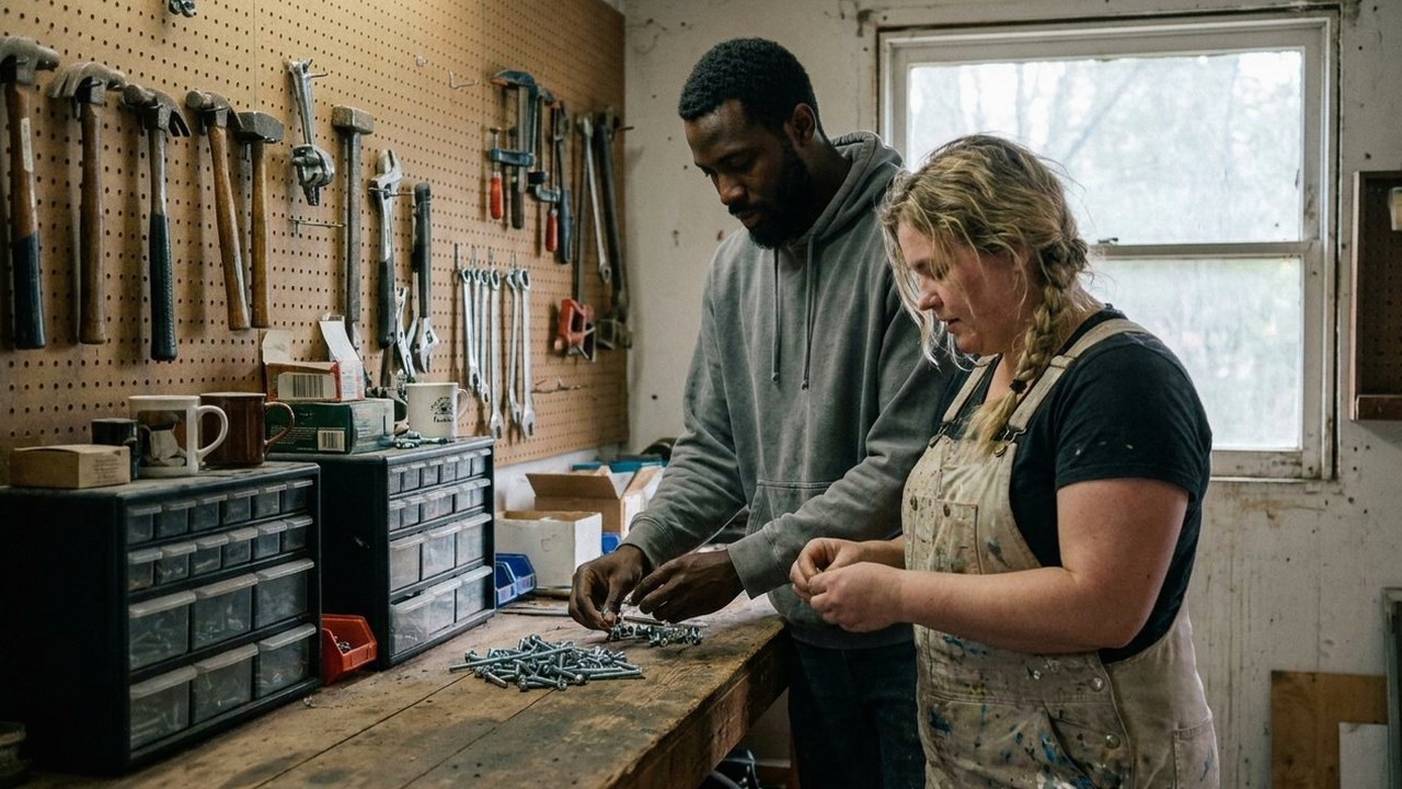 Two friends sorting screws into bins in a tool-lined garage