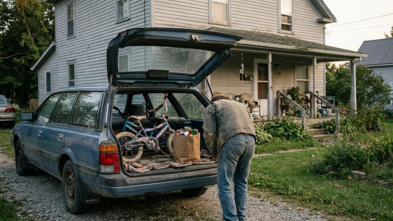 Station wagon in driveway with bikes and food drive bag