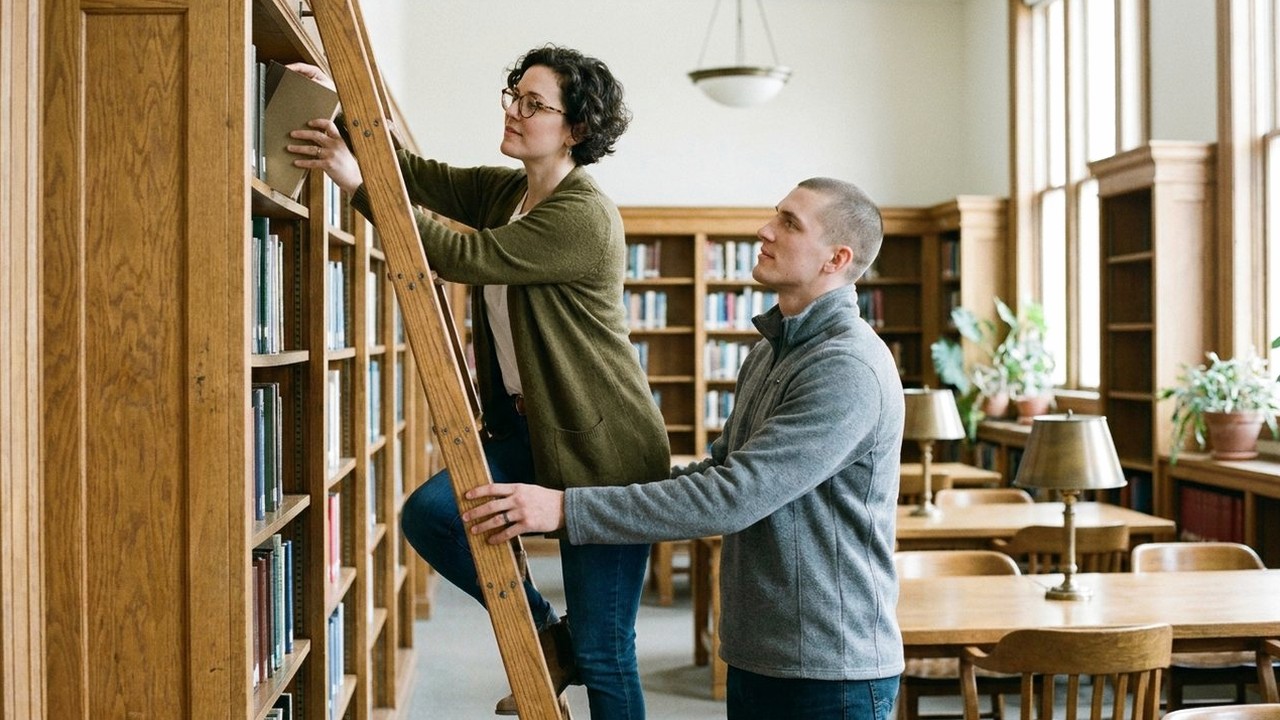 Two colleagues reshelving a travel book in a library reading room